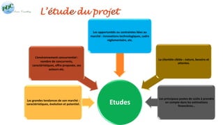 L’étude du projet 
L’environnement concurrentiel : 
nombre de concurrents, 
caractéristiques, offre proposée, ses 
acteurs etc. 
Etudes Les grandes tendances de son marché : 
caractéristiques, évolution et potentiel. 
Les opportunités ou contraintes liées au 
marché : innovations technologiques, cadre 
réglementaire, etc. 
La clientèle ciblée : nature, besoins et 
attentes. 
Les principaux postes de coûts à prendre 
en compte dans les estimations 
financières… 
 