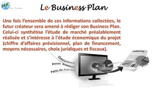 Le Business Plan 
Une fois l’ensemble de ces informations collectées, le 
futur créateur sera amené à rédiger son Business Plan. 
Celui-ci synthétise l’étude de marché préalablement 
réalisée et s’intéresse à l'étude économique du projet 
(chiffre d’affaires prévisionnel, plan de financement, 
moyens nécessaires, choix juridiques et fiscaux). 
 