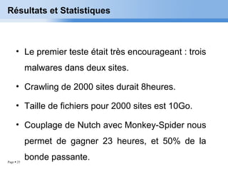 Page  25
• Le premier teste était très encourageant : trois
malwares dans deux sites.
• Crawling de 2000 sites durait 8heures.
• Taille de fichiers pour 2000 sites est 10Go.
• Couplage de Nutch avec Monkey-Spider nous
permet de gagner 23 heures, et 50% de la
bonde passante.
Résultats et Statistiques
 