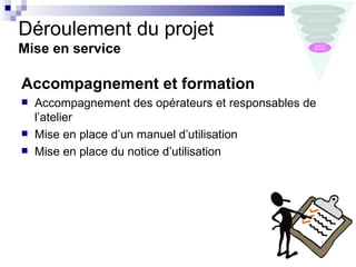 Déroulement du projet
Mise en service

Accompagnement et formation
   Accompagnement des opérateurs et responsables de
    l’atelier
   Mise en place d’un manuel d’utilisation
   Mise en place du notice d’utilisation
 
