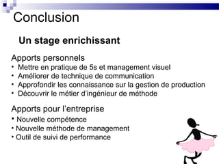 Conclusion
    Un stage enrichissant
Apports personnels
•   Mettre en pratique de 5s et management visuel
•   Améliorer de technique de communication
•   Approfondir les connaissance sur la gestion de production
•   Découvrir le métier d’ingénieur de méthode

Apports pour l’entreprise
• Nouvelle compétence
• Nouvelle méthode de management
• Outil de suivi de performance
 