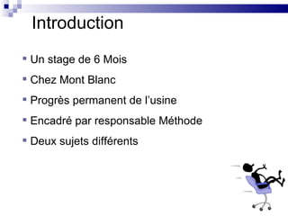 Introduction
 Un stage de 6 Mois
 Chez Mont Blanc
 Progrès permanent de l’usine
 Encadré par responsable Méthode
 Deux sujets différents
 