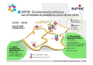 SPIE Communications…
                  une organisation de proximité au service de nos clients
                                                                                                                     6 directions
    CA 2011 : 326 M€                                                                                                 opérationnelles

    Plus de 2200                            NANTES                              LILLE                                70 agences
    collaborateurs                                                             PARIS
                                                                                                                     et centres
                                                                               DEO                                   de services
                                                                       PARIS
                                                                       DGE



                                                                                                            Des Directions
                                                                        LYON                                Opérationnelles
                                                                                                            de proximité :
                           TOULOUSE                                                                         Paris–Ile de France
                                                                                                            DEO (Entreprises & Opérateurs)
                                                                                                            DGE (Grandes Entreprises)
Des pôles
d’expertise                                                                                                 DA (Grand Est)
spécialisés dans                                                                                            DA (Grand Ouest)
chaque région
(sécurité, datacenter,       Pôle d’expertise Bâtiment intelligent
bâtiment intelligent…)
                             Pôle d’expertise Data Center & Sécurité


                                                                               Conseil & Ingénierie, Infogérance, Services Opérés & Cloud   3
 