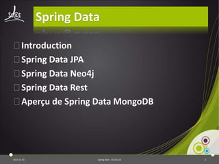 Spring Data
⦿Introduction
⦿Spring Data JPA
⦿Spring Data Neo4j
⦿Spring Data Rest
⦿Aperçu de Spring Data MongoDB

2013-11-15

Spring Data - 20131114

2

 