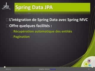 Spring Data JPA
⦿L’intégration de Spring Data avec Spring MVC
⦿Offre quelques facilités :
⦿Récupération automatique des entités
⦿Pagination

2013-11-15

Spring Data – 20131114 - sdjpawebapp

53

 
