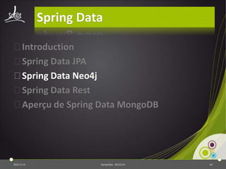 Spring Data
⦿Introduction
⦿Spring Data JPA
⦿Spring Data Neo4j
⦿Spring Data Rest
⦿Aperçu de Spring Data MongoDB

2013-11-15

Spring Data - 20131114

64

 