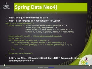Spring Data Neo4j
⦿ Neo4j quelques commandes de base
⦿ Neo4j a son langage de « requêtage », le Cypher :
public void exempleCypher() {
String requete = "start n=node("+this.acteur.getId()+") " +
"match n-[:JOUE_DANS]->films " +
"where films." + Film.TITRE + " =~ 'Trop.*' " +
"return n, n.nom, n.prenom, films." + Film.TITRE;
ExecutionResult result = this.engine.execute(requete);
String rows = "";
for ( Map<String, Object> row : result) {
for ( Entry<String, Object> column : row.entrySet() ) {
rows += column.getKey() + ": " + column.getValue() + "; ";
}
rows += "n";
}
System.out.println(rows);
}

⦿ Affiche : n: Node[13]; n.nom: Diesel; films.TITRE: Trop rapide et trop pas
content; n.prenom: Vin;
2013-11-15

Spring Data – 20131114 - neo4jbasique

71

 