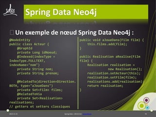 Spring Data Neo4j
⦿Un exemple de nœud Spring Data Neo4j :
@NodeEntity
public class Acteur {
@GraphId
private Long idNoeud;
@Indexed(indexType =
IndexType.FULLTEXT,
indexName="nom")
private String nom;
private String prenom;

public void aJoueDans(Film film) {
this.films.add(film);
}

@RelatedTo(direction=Direction.
BOTH, type="aJoueDans")
private Set<Film> films;
@RelatedToVia
private Set<Realisation>
realisations;
// getters et setters classiques
2013-11-15

public Realisation aRealise(Film
film) {
Realisation realisation =
new Realisation();
realisation.setActeur(this);
realisation.setFilm(film);
realisations.add(realisation);
return realisation;
}

Spring Data – 20131114 - sdneo4jbase

74

 