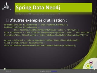 Spring Data Neo4j
⦿D'autres exemples d'utilisation :
EndResult<Film> filmsTrouves = this.filmDao.findAll();
EndResult<Film> filmsTrouves =
this.filmDao.findAllByPropertyValue("titre", "Strays");
Film filmTrouve = this.filmDao.findByPropertyValue("titre", "Les Initiés");
Iterable<Film> filmsTrouves = this.filmDao.findByTitreContaining("Il");
Acteur vinDiesel = this.acteurDao.findOne(identifiantVinDiesel);
final Iterable<Film> filmsTrouves =
this.acteurDao.recupereMoiTousLesFilmsRealisesPar(vinDiesel);

2013-11-15

Spring Data – 20131114 - sdneo4jbase

78

 