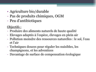 Agriculture bio/durable Pas de produits chimiques, OGM Peu d’antibiotiques Objectifs : Produire des aliments naturels de haute qualité Elevages adaptés à l’espèce, élevages en plein air Pollution moindre des ressources naturelles : le sol, l’eau et l’air Techniques douces pour réguler les nuisibles, les champignons, et les adventices Davantage de surface de compensation écologique 