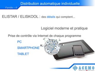Distribution automatique individuelle
  Famille – 8


ELISTAR / ELISKOOL : des détails qui comptent...


                             Logiciel moderne et pratique
    Prise de contrôle via Internet de chaque programme
                PC
                SMARTPHONE
                TABLET
 