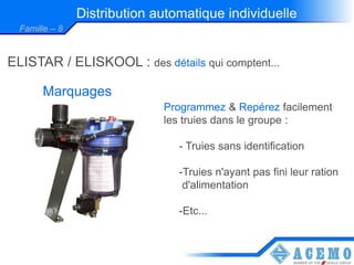 Distribution automatique individuelle
  Famille – 8


ELISTAR / ELISKOOL : des détails qui comptent...

       Marquages
                              Programmez & Repérez facilement
                              les truies dans le groupe :

                                 - Truies sans identification

                                 -Truies n'ayant pas fini leur ration
                                  d'alimentation

                                 -Etc...
 