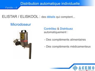 Distribution automatique individuelle
  Famille – 8


ELISTAR / ELISKOOL : des détails qui comptent...

       Microdoseur
                              Contrôlez & Distribuez
                              automatiquement :

                              - Des compléments alimentaires

                              - Des compléments médicamenteux
 