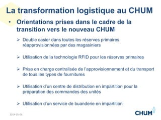 La transformation logistique au CHUM
• Orientations prises dans le cadre de la
transition vers le nouveau CHUM
 Double casier dans toutes les réserves primaires
réapprovisionnées par des magasiniers
 Utilisation de la technologie RFID pour les réserves primaires
 Prise en charge centralisée de l’approvisionnement et du transport
de tous les types de fournitures
 Utilisation d’un centre de distribution en impartition pour la
préparation des commandes des unités
 Utilisation d’un service de buanderie en impartition
242014-05-06
 