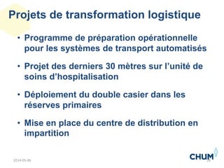Projets de transformation logistique
• Programme de préparation opérationnelle
pour les systèmes de transport automatisés
• Projet des derniers 30 mètres sur l’unité de
soins d’hospitalisation
• Déploiement du double casier dans les
réserves primaires
• Mise en place du centre de distribution en
impartition
262014-05-06
 