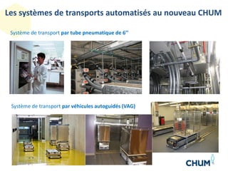 Les systèmes de transports automatisés au nouveau CHUM
Système de transport par tube pneumatique de 6’’
Système de transport par véhicules autoguidés (VAG)
62014-05-06
 