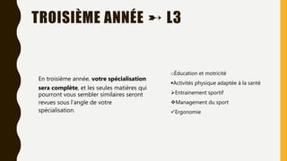 TROISIÈME ANNÉE ➸ L3
En troisième année, votre spécialisation
sera complète, et les seules matières qui
pourront vous sembler similaires seront
revues sous l'angle de votre
spécialisation.
oÉducation et motricité
Activités physique adaptée à la santé
Entrainement sportif
Management du sport
Ergonomie
 