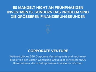 ES MANGELT NICHT AN FRÜHPHASIGEN
INVESTMENTS, SONDERN DAS PROBLEM SIND
  DIE GRÖSSEREN FINANZIERUNGSRUNDEN




               CORPORATE VENTURE
 Weltweit gibt es 550 Corporate Venturing units und nach einer
 Studie von der Boston Consulting Group gibt es weitere 9000
   Unternehmen, die in Entrepreneure investieren möchten.
 