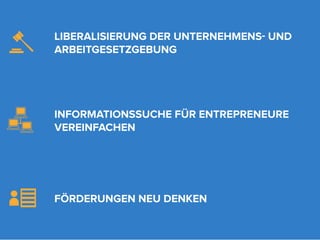 LIBERALISIERUNG DER UNTERNEHMENS- UND
ARBEITGESETZGEBUNG




INFORMATIONSSUCHE FÜR ENTREPRENEURE
VEREINFACHEN




FÖRDERUNGEN NEU DENKEN
 