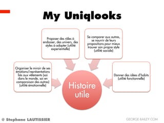 My Uniqlooks
                                                       Se comparer aux autres,
                            Proposer des rôles à
                                                          se nourrir de leurs
                         endosser, des univers, des
                                                       propositions pour mieux
                           styles à adopter (utilité
                                                       trouver son propre style
                                experientielle)
                                                            (utilité sociale)




     Organiser le miroir de ses
     émotions/représentations
      liés aux vêtements (soi                                             Donner des idées d’habits
      dans le monde, soi en                                                 (utilité fonctionnelle)
     comparaison des autres)
        (utilité émotionnelle)
                                            Histoire
                                             utile

@ Stephane LAUTISSIER                                                             GEORGE-BAILEY.COM
 