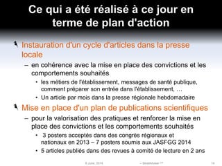 Ce qui a été réalisé à ce jour en
terme de plan d'action
Instauration d'un cycle d'articles dans la presse
locale
– en cohérence avec la mise en place des convictions et les
comportements souhaités
• les métiers de l'établissement, messages de santé publique,
comment préparer son entrée dans l'établissement, …
• Un article par mois dans la presse régionale hebdomadaire
Mise en place d'un plan de publications scientifiques
– pour la valorisation des pratiques et renforcer la mise en
place des convictions et les comportements souhaités
• 3 posters acceptés dans des congrès régionaux et
nationaux en 2013 – 7 posters soumis aux JASFGG 2014
• 5 articles publiés dans des revues à comité de lecture en 2 ans
6 June, 2014 – StratAdviser Ltd 14
 