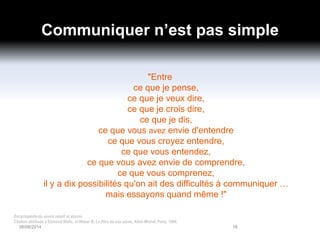 Communiquer n’est pas simple
"Entre
ce que je pense,
ce que je veux dire,
ce que je crois dire,
ce que je dis,
ce que vous avez envie d'entendre
ce que vous croyez entendre,
ce que vous entendez,
ce que vous avez envie de comprendre,
ce que vous comprenez,
il y a dix possibilités qu'on ait des difficultés à communiquer …
mais essayons quand même !"
06/06/2014 18
Encyclopédie du savoir relatif et absolu
Citation attribuée à Edmond Wells, in Weber B, Le Père de nos pères, Albin Michel, Paris, 1998.
 