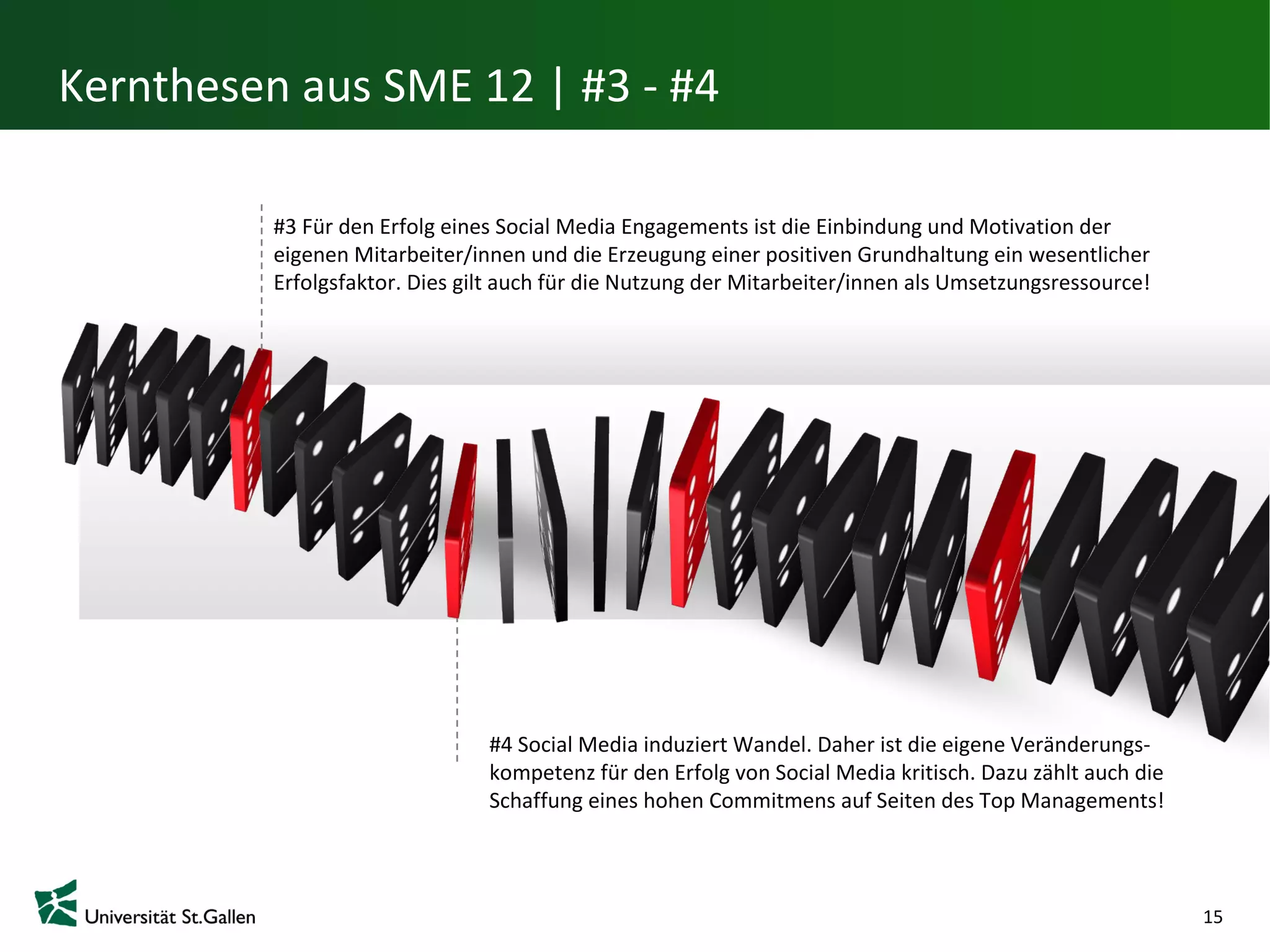 Kernthesen aus SME 12 | #3 - #4

          #3 Für den Erfolg eines Social Media Engagements ist die Einbindung und Motivation der
          eigenen Mitarbeiter/innen und die Erzeugung einer positiven Grundhaltung ein wesentlicher
          Erfolgsfaktor. Dies gilt auch für die Nutzung der Mitarbeiter/innen als Umsetzungsressource!




                                #4 Social Media induziert Wandel. Daher ist die eigene Veränderungs-
                                kompetenz für den Erfolg von Social Media kritisch. Dazu zählt auch die
                                Schaffung eines hohen Commitmens auf Seiten des Top Managements!



                                                                                                          15
 