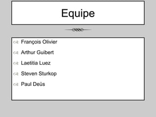 Equipe
 François Olivier
 Arthur Guibert
 Laetitia Luez
 Steven Sturkop
 Paul Deüs

 