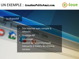 UN EXEMPLE :


  Le dispositif


                  • Site Internet avec compte à
                    rebours
                  • Stratégie RP
                  • Interviews
                  • Gestion de la communauté
                    naissante à travers les réseaux
                    sociaux
 