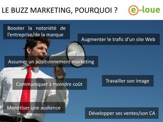 LE BUZZ MARKETING, POURQUOI ?

 Booster la notoriété de
 l’entreprise/de la marque
                              Augmenter le trafic d’un site Web



 Assumer un positionnement marketing


                                        Travailler son image
    Communiquer à moindre coût



 Monétiser une audience
                                 Développer ses ventes/son CA
 