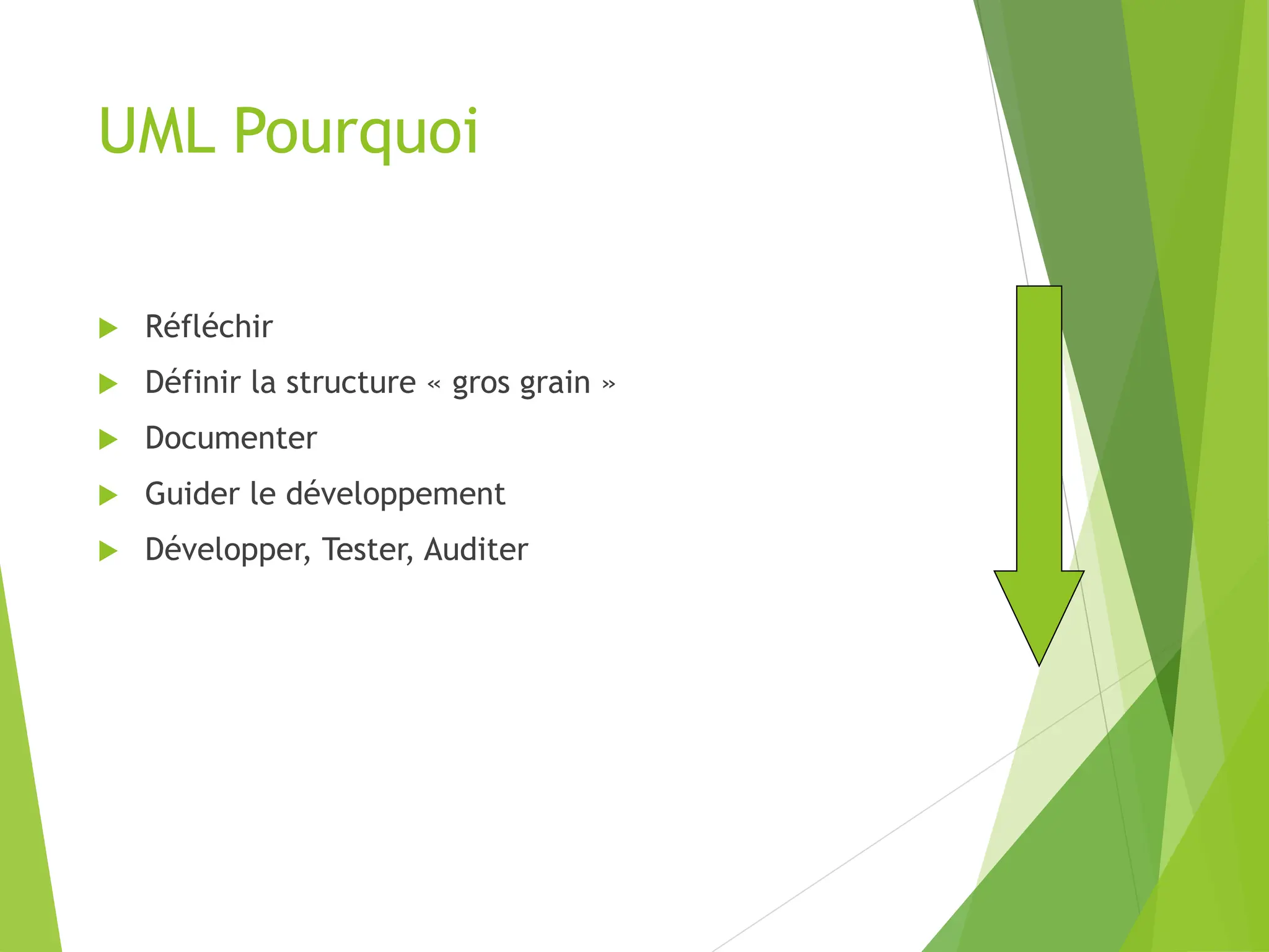 UML Pourquoi
 Réfléchir
 Définir la structure « gros grain »
 Documenter
 Guider le développement
 Développer, Tester, Auditer
 