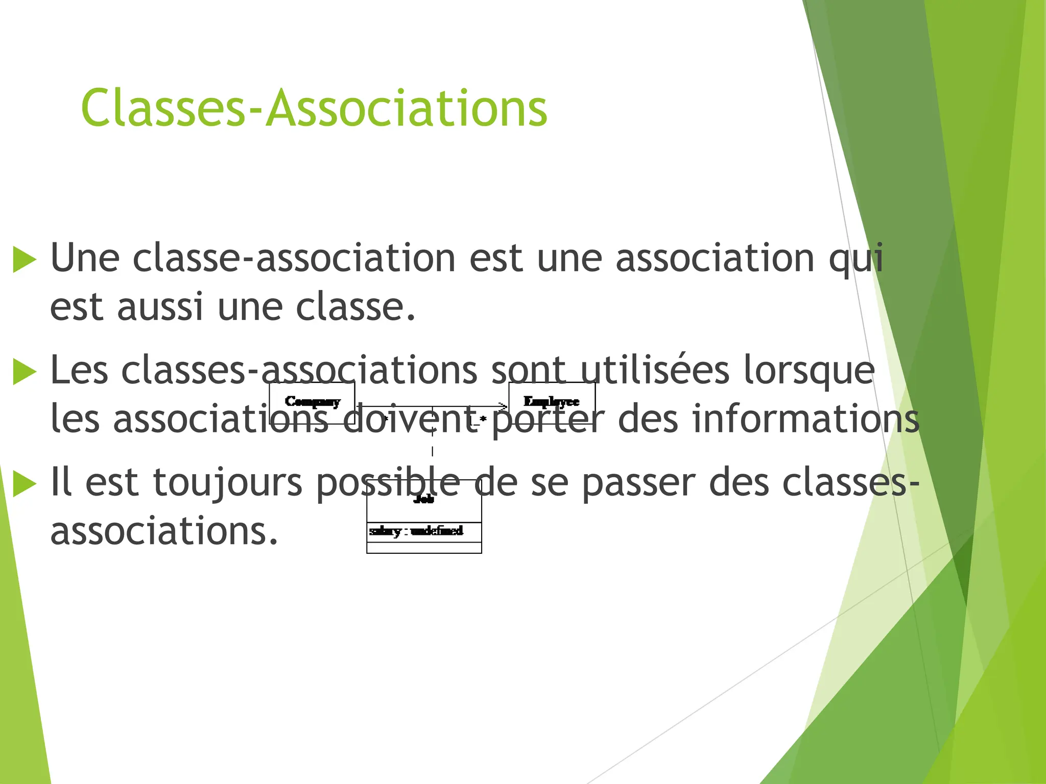 Classes-Associations
 Une classe-association est une association qui
est aussi une classe.
 Les classes-associations sont utilisées lorsque
les associations doivent porter des informations
 Il est toujours possible de se passer des classes-
associations.
 