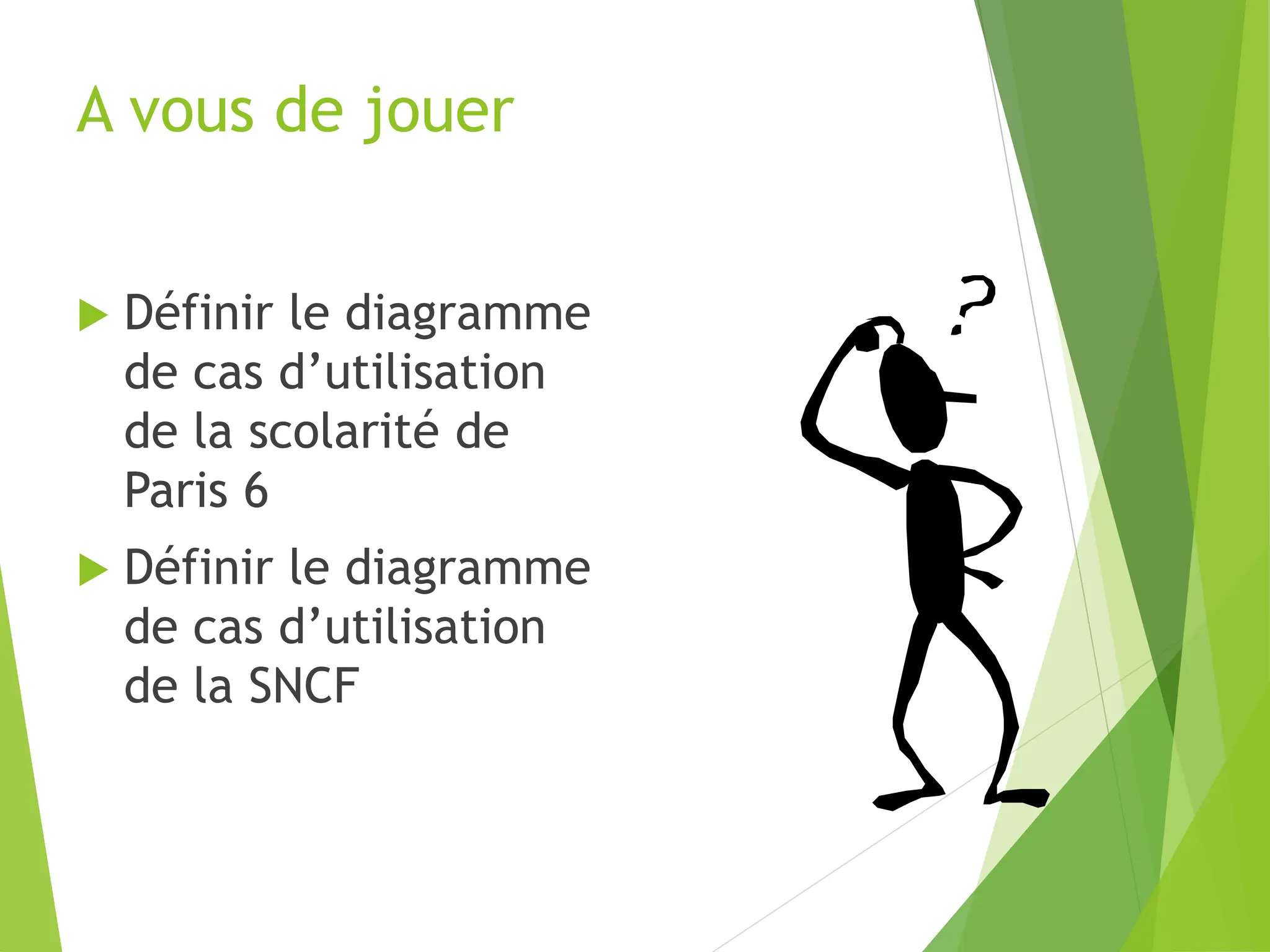 A vous de jouer
 Définir le diagramme
de cas d’utilisation
de la scolarité de
Paris 6
 Définir le diagramme
de cas d’utilisation
de la SNCF
 