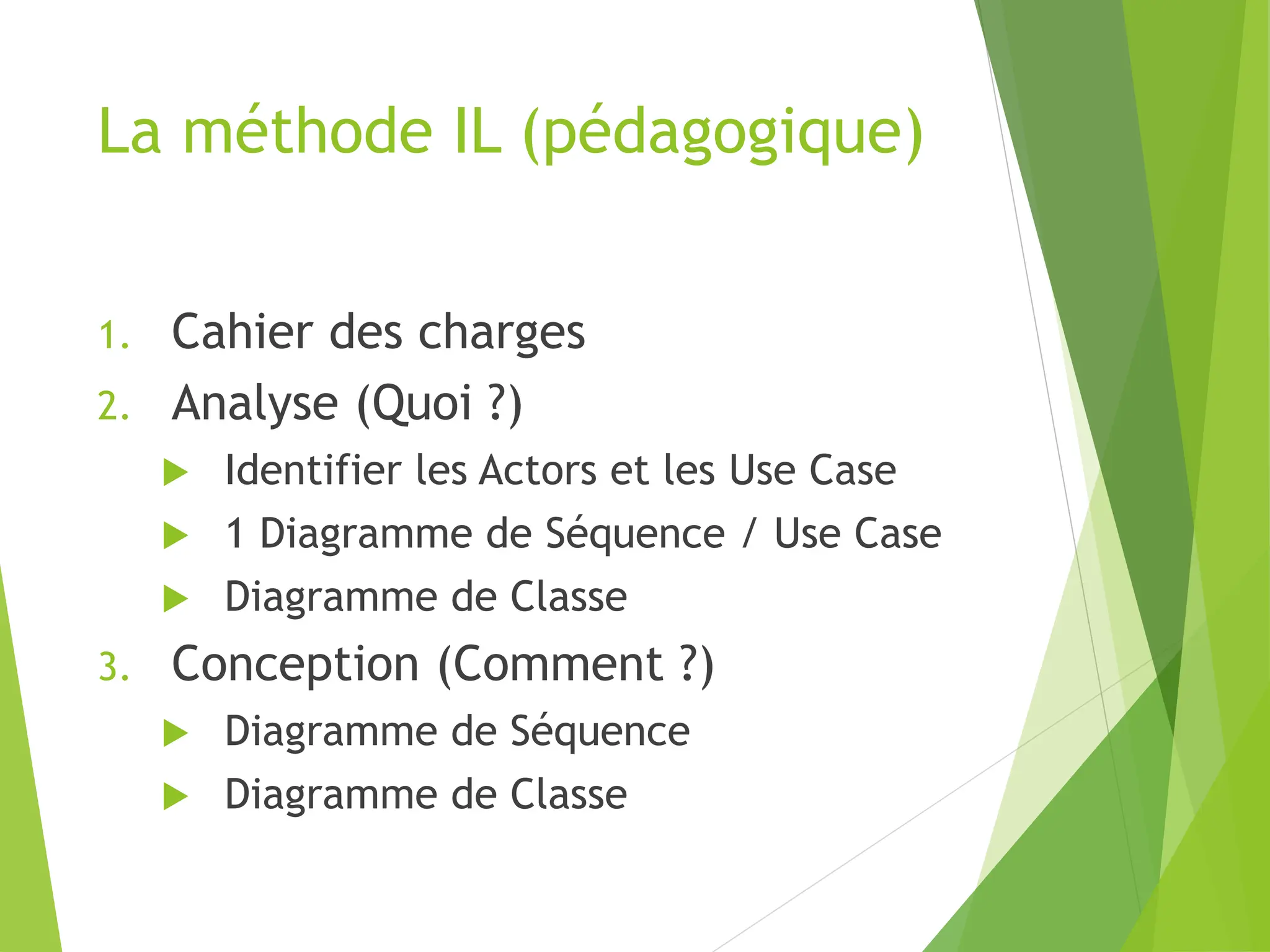 La méthode IL (pédagogique)
1. Cahier des charges
2. Analyse (Quoi ?)
 Identifier les Actors et les Use Case
 1 Diagramme de Séquence / Use Case
 Diagramme de Classe
3. Conception (Comment ?)
 Diagramme de Séquence
 Diagramme de Classe
 