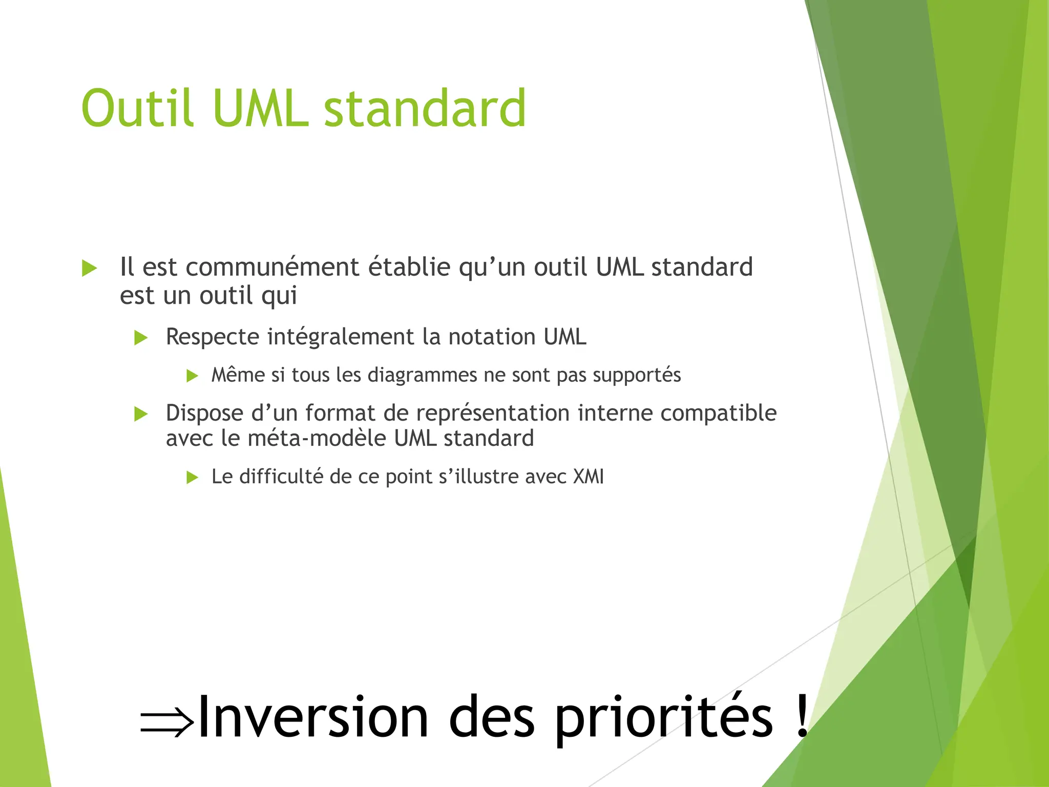 Outil UML standard
 Il est communément établie qu’un outil UML standard
est un outil qui
 Respecte intégralement la notation UML
 Même si tous les diagrammes ne sont pas supportés
 Dispose d’un format de représentation interne compatible
avec le méta-modèle UML standard
 Le difficulté de ce point s’illustre avec XMI
Inversion des priorités !
 