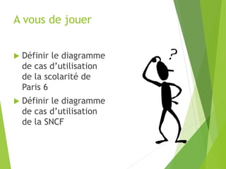 A vous de jouer
 Définir le diagramme
de cas d’utilisation
de la scolarité de
Paris 6
 Définir le diagramme
de cas d’utilisation
de la SNCF
 