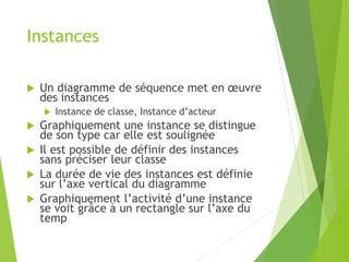 Instances
 Un diagramme de séquence met en œuvre
des instances
 Instance de classe, Instance d’acteur
 Graphiquement une instance se distingue
de son type car elle est soulignée
 Il est possible de définir des instances
sans préciser leur classe
 La durée de vie des instances est définie
sur l’axe vertical du diagramme
 Graphiquement l’activité d’une instance
se voit grâce à un rectangle sur l’axe du
temp
 
