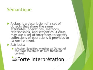 Sémantique
 A class is a description of a set of
objects that share the same
attributes, operations, methods,
relationships, and semantics. A class
may use a set of interfaces to specify
collections of operations it provides to
its environment.
 Attributs:
 IsActive: Specifies whether an Object of
the Class maintains its own thread of
control.
 …
Forte Interprétation
 