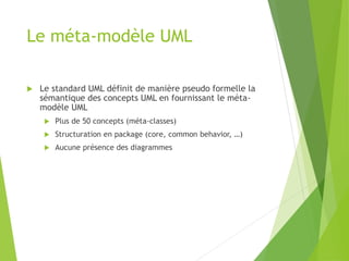 Le méta-modèle UML
 Le standard UML définit de manière pseudo formelle la
sémantique des concepts UML en fournissant le méta-
modèle UML
 Plus de 50 concepts (méta-classes)
 Structuration en package (core, common behavior, …)
 Aucune présence des diagrammes
 