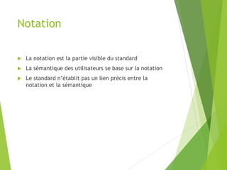 Notation
 La notation est la partie visible du standard
 La sémantique des utilisateurs se base sur la notation
 Le standard n’établit pas un lien précis entre la
notation et la sémantique
 