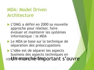 MDA: Model Driven
Architecture
 L’OMG a défini en 2000 sa nouvelle
approche pour réaliser, faire
évoluer et maintenir les systèmes
informatique : le MDA
 Le MDA se base sur la technique de
séparation des préoccupations
 L’idée est de séparer les aspects
business des aspects techniques en
utilisant les modèles
Un marché Important s’ouvre
 