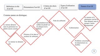 Définition et rôle
d’un GE
Présentation d’un GE
Critères de choix
d’un GE
Types d’utilisation
d’un GE
Pannes d’un GE
Comme panne on distingue:
Accumulation de de
sulfate de plomb sur
les plaques de la
batterie
Présence d’air dans le
système de carburant
Fuite de carburant
Carbonisation
Problème concernant
les disjoncteurs ou
fusibles
9
Le moteur ne démarre
pas
Le moteur démarre
mais le générateur ne
génère aucun courant
Le moteur et le
générateur ont bel et
bien démarré mais le
groupe s’arrête
brusquement
 