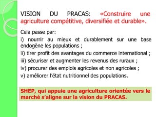 VISION DU PRACAS: «Construire une
agriculture compétitive, diversifiée et durable».
Cela passe par:
i) nourrir au mieux et durablement sur une base
endogène les populations ;
ii) tirer profit des avantages du commerce international ;
iii) sécuriser et augmenter les revenus des ruraux ;
iv) procurer des emplois agricoles et non agricoles ;
v) améliorer l’état nutritionnel des populations.
SHEP, qui appuie une agriculture orientée vers le
marché s’aligne sur la vision du PRACAS.
 