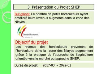 But global: Le nombre de petits horticulteurs ayant
amélioré leurs revenus augmente dans la zone des
Niayes.
3 Présentation du Projet SHEP
Objectif du projet
Les revenus des horticulteurs provenant de
l’horticulture dans la zone des Niayes augmentent
grâce à la pratique de l’approche de l’agriculture
orientée vers le marché ou approche SHEP.
Durée du projet 2017-03 ~ 2022-02
 