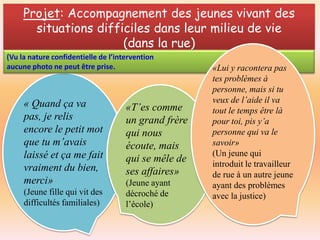 Projet: Accompagnement des jeunes vivant des
situations difficiles dans leur milieu de vie
(dans la rue)
(Vu la nature confidentielle de l’intervention
aucune photo ne peut être prise.

« Quand ça va
pas, je relis
encore le petit mot
que tu m’avais
laissé et ça me fait
vraiment du bien,
merci»
(Jeune fille qui vit des
difficultés familiales)

«T’es comme
un grand frère
qui nous
écoute, mais
qui se mêle de
ses affaires»
(Jeune ayant
décroché de
l’école)

«Lui y racontera pas
tes problèmes à
personne, mais si tu
veux de l’aide il va
tout le temps être là
pour toi, pis y’a
personne qui va le
savoir»
(Un jeune qui
introduit le travailleur
de rue à un autre jeune
ayant des problèmes
avec la justice)

 