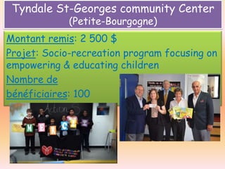 Tyndale St-Georges community Center
(Petite-Bourgogne)

Montant remis: 2 500 $
Projet: Socio-recreation program focusing on
empowering & educating children
Nombre de
bénéficiaires: 100

 