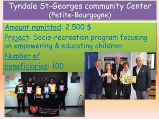 Tyndale St-Georges community Center
(Petite-Bourgogne)

Amount remitted: 2 500 $
Project: Socio-recreation program focusing
on empowering & educating children
Number of
beneficiaries: 100

 