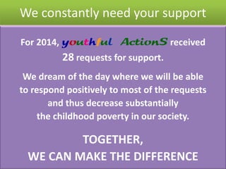 We constantly need your support
For 2014, youthful ActionS received

28 requests for support.
We dream of the day where we will be able
to respond positively to most of the requests
and thus decrease substantially
the childhood poverty in our society.

TOGETHER,
WE CAN MAKE THE DIFFERENCE

 