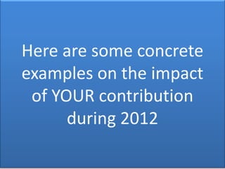 Here are some concrete
examples on the impact
of YOUR contribution
during 2012

 
