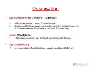 Organisation Geschäftsführender Vorstand :  7 Mitglieder     4 Mitglieder aus der privaten Wirtschaft sowie     3 geborene Mitglieder: jeweils ein Vorstandsmitglied der Sparkasse, der  Volksbank sowie der Bürgermeister der Stadt Schmallenberg Beirat:  10 Mitglieder    10 Beisitzer, darunter 4 von der Stadt zu entsendende Beisitzer  Geschäftsführung      ein oder mehrere Geschäftsführer – derzeit eine Geschäftsführerin 